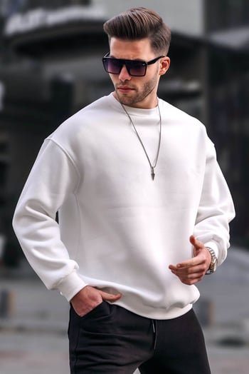 White Basic Crewneck Raised Oversize Sweatshirt 6048