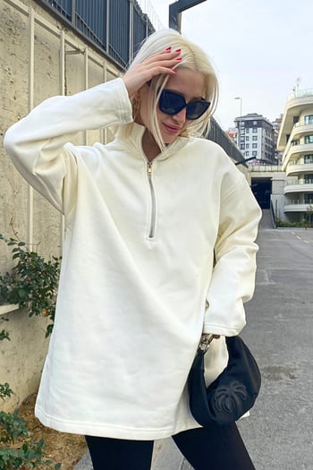 Ekru Fermuar Yaka Yırtmaçlı Sweatshirt MG1903