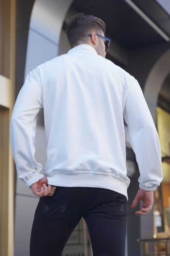 White Embroided Zip Neck Sweatshirt 6026