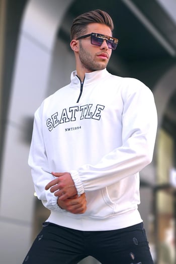 White Embroided Zip Neck Sweatshirt 6026