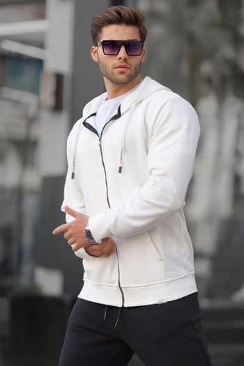 Ekru Fermuarlı Kapüşonlu Sweatshirt 6161