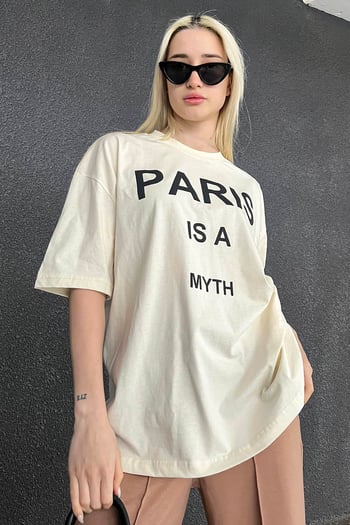 Ekru Paris Baskılı Kadın Tişört MG1654