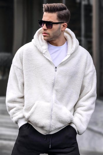 Ekru Peluş Over Fit Kapüşonlu Fermuarlı Erkek Sweatshirt 6049