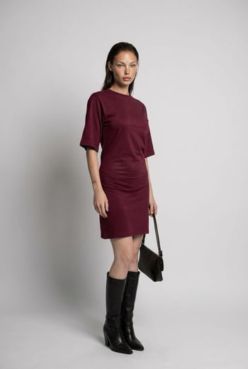 Bordo Bisiklet Yaka Yarım Kollu Kadın Tişört Elbise MG2656 