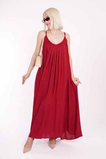 Bordo Halter Yaka Askılı Uzun Basic Kadın Elbise MG2163