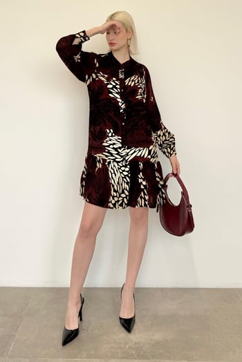 Bordo Desenli Düğmeli Kısa Kadın Elbise MG2432 