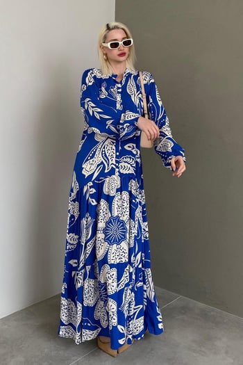 Saks Desenli Düğmeli Uzun Kollu Elbise MG2397