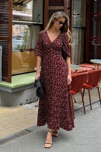 Bordo Çiçek Desenli  Yarım Kollu Elbise MG2390