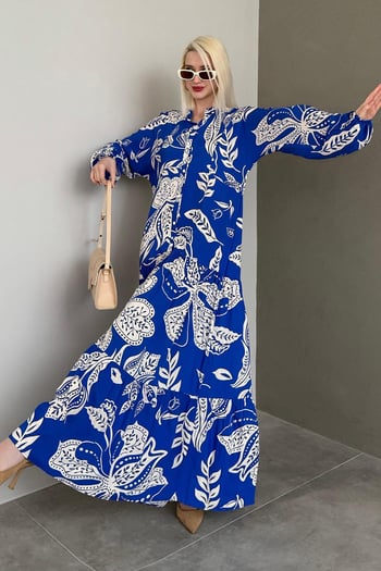 Saks Desenli Düğmeli Uzun Kollu Elbise MG2397