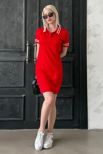 Kırmızı Polo Yaka Şerit Detaylı Kadın Elbise Mg2344