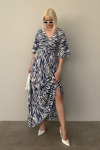 Lacivert Zebra Desenli V Yaka Yarım Kollu Elbise MG2394