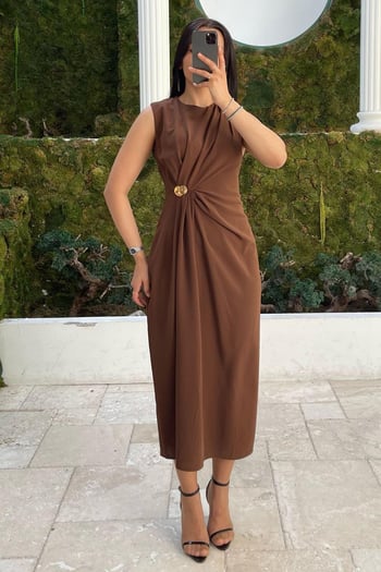 Kahverengi Bronşlu Midi Boy Kadın Elbise Mg2418