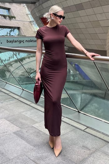 Acı Kahve Basic Yarım Balıkçı Uzun Elbise MG1856
