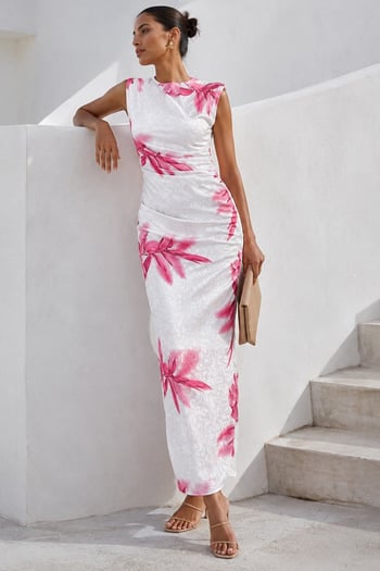 Pembe Desenli Midi Boy Kadın Elbise Mg2464