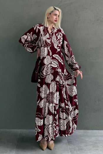 Bordo Desenli Düğmeli Uzun Kollu Elbise MG2397