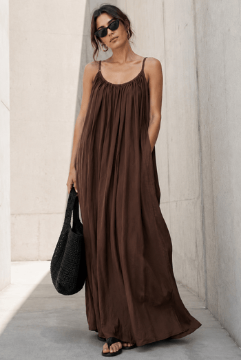 Acı Kahve Halter Yaka Askılı Uzun Basic Kadın Elbise MG2163