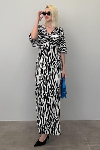 Siyah Zebra Desenli V Yaka Yarım Kollu Elbise MG2394