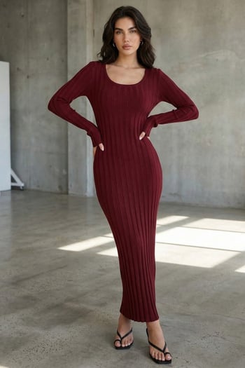 Bordo Vücuda Oturan Fitilli Triko Midi Kadın Elbise MG2691