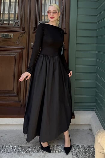 Siyah Maxi Boy %100 Pamuklu Kadın Elbise Mg2365
