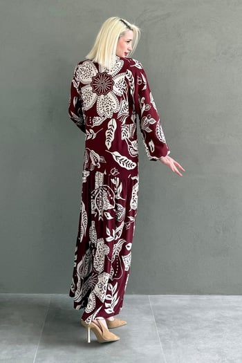 Bordo Desenli Düğmeli Uzun Kollu Elbise MG2397