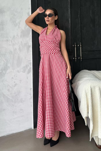 Kırmızı Ekoseli Midi Boy Kadın Elbise Mg2350