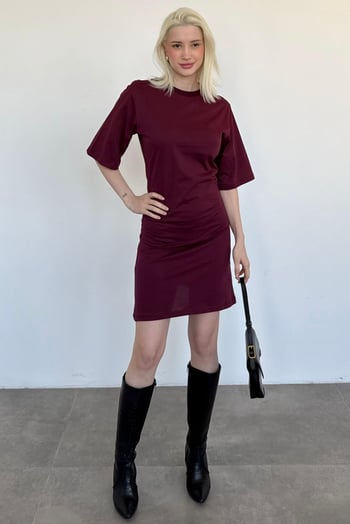 Bordo Bisiklet Yaka Yarım Kollu Kadın Tişört Elbise MG2656 