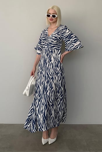 Lacivert Zebra Desenli V Yaka Yarım Kollu Elbise MG2394