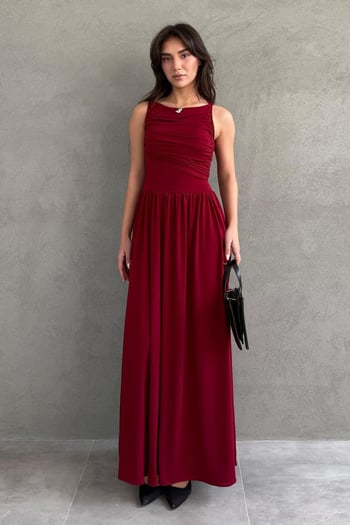 Bordo Önü Dökümlü Uzun Boy Kadın Elbise Mg2364