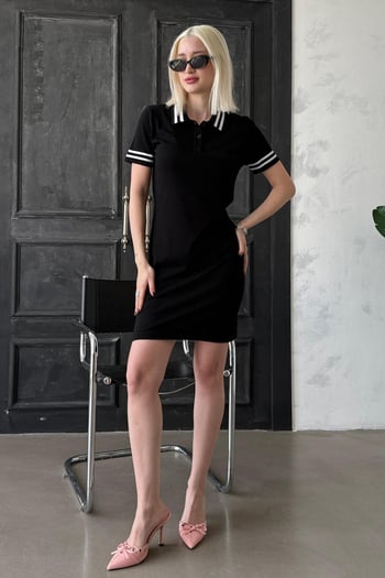 Siyah Polo Yaka Şerit Detaylı Kadın Elbise Mg2344