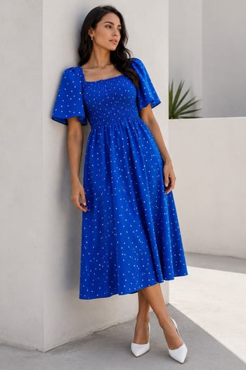 Saks Desenli Belden Lastikli Midi Elbise - MG2101