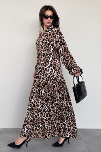Kahverengi Leopar Desenli Düğmeli Kadın Elbise MG2399