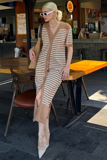 Camel Düğmeli Triko Kadın Elbise MG1648