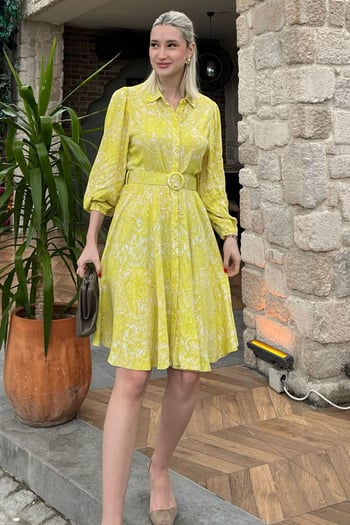 Sarı Çiçek Desenli Gömlek Yaka Mini Elbise MG1823