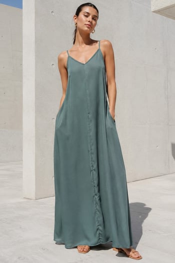 Yeşil Askılı Oversize Uzun Elbise MG2038
