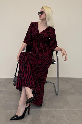 Bordo Zebra Desenli V Yaka Yarım Kollu Elbise MG2394