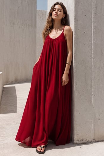 Bordo Halter Yaka Askılı Uzun Basic Kadın Elbise MG2163