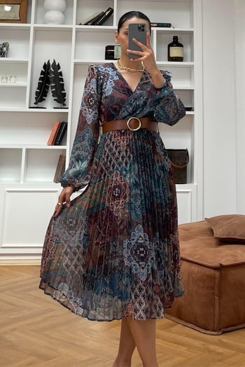 Kahverengi V Yaka Beli Lastikli Desenli Şifon Elbise MG2225