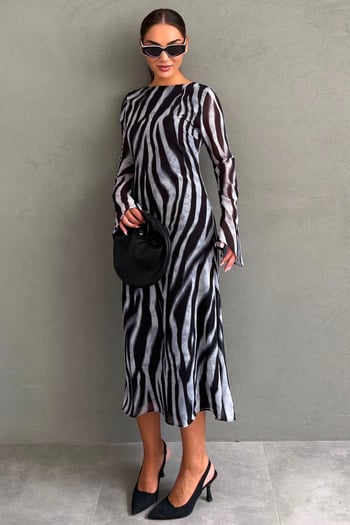 Gri Zebra Desenli Şifon Midi Elbise MG2854