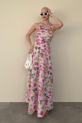 Pembe Önü Büzgülü Çiçekli Uzun Elbise MG2363