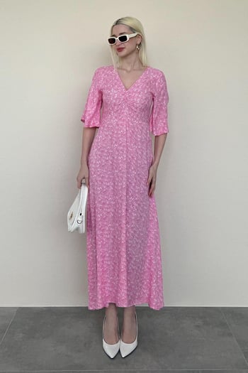 Pembe  Çiçek Desenli  Yarım Kollu Elbise MG2390
