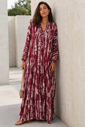 Bordo Desenli Önü Düğmeli  Uzun Kollu Elbise MG2398