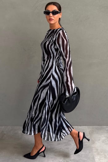 Gri Zebra Desenli Şifon Midi Elbise MG2854