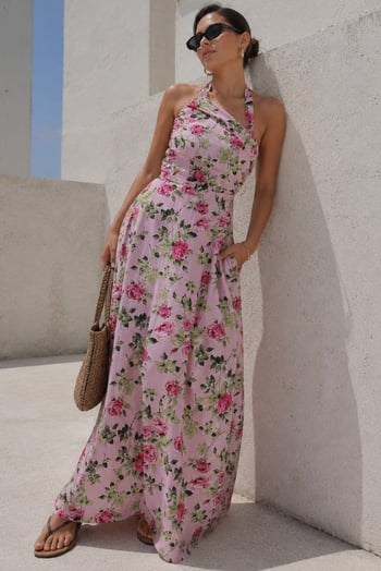 Pembe Önü Büzgülü Çiçekli Uzun Elbise MG2363