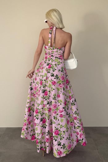 Pembe Önü Büzgülü Çiçekli Uzun Elbise MG2363