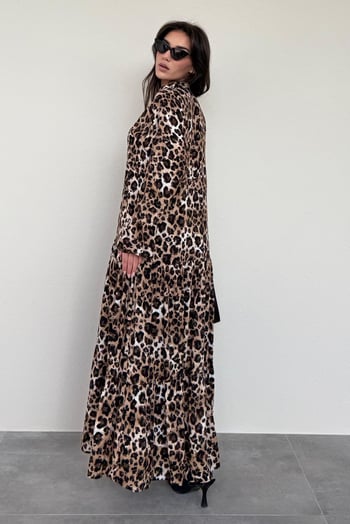 Kahverengi Leopar Desenli Düğmeli Kadın Elbise MG2399