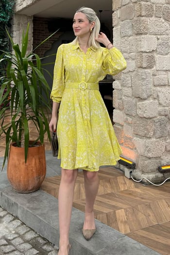 Sarı Çiçek Desenli Gömlek Yaka Mini Elbise MG1823