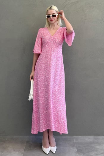 Pembe  Çiçek Desenli  Yarım Kollu Elbise MG2390