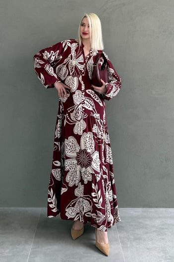 Bordo Desenli Düğmeli Uzun Kollu Elbise MG2397