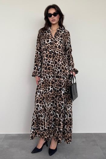 Kahverengi Leopar Desenli Düğmeli Kadın Elbise MG2399