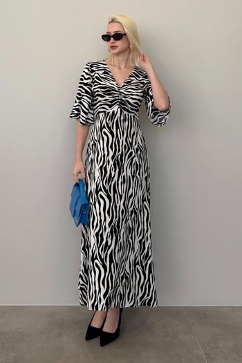Siyah Zebra Desenli V Yaka Yarım Kollu Elbise MG2394